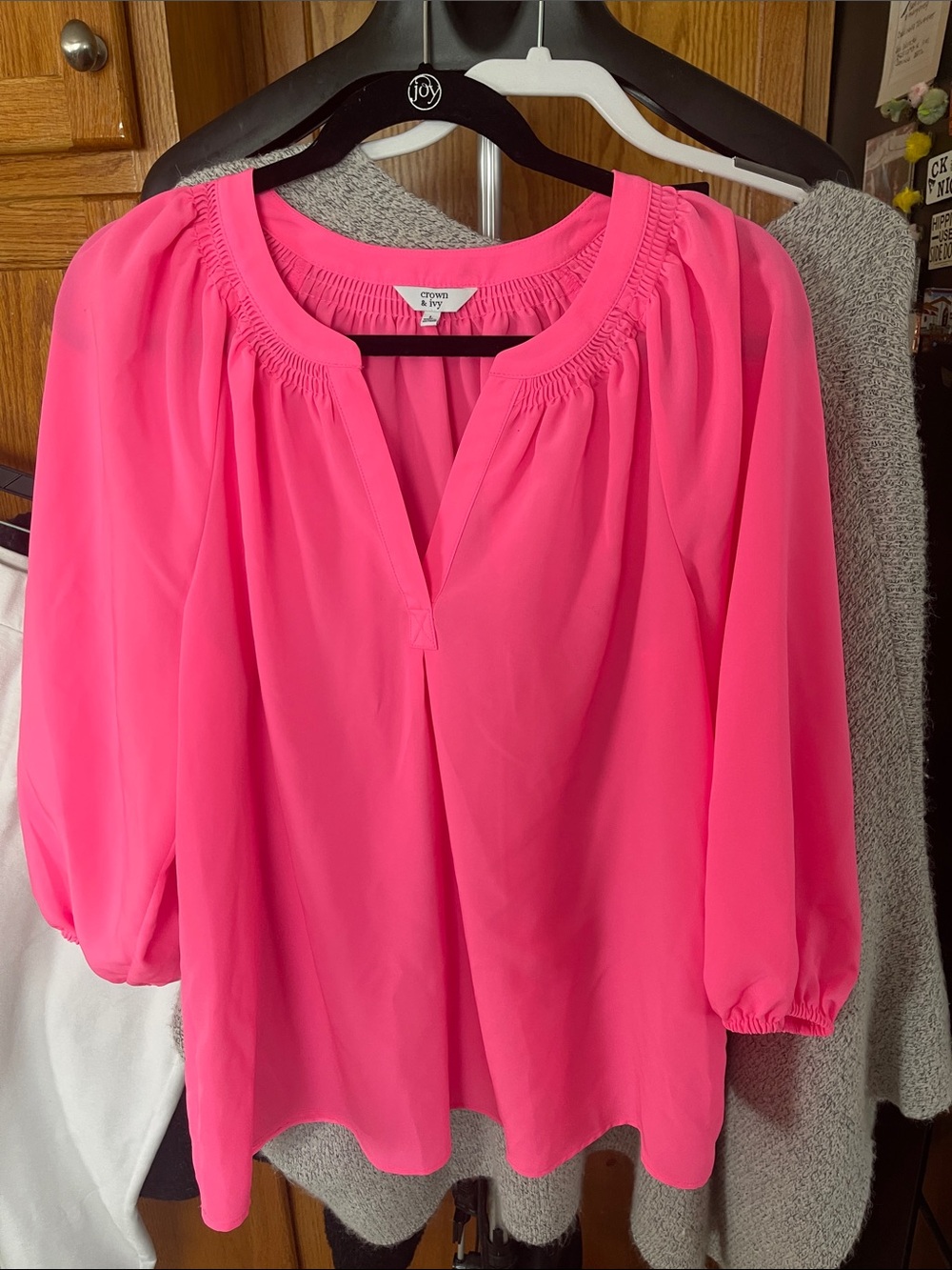 Crown & Ivy L Long 3/4 Sleeve Solid Blouse Pink Barbiecore Polyester